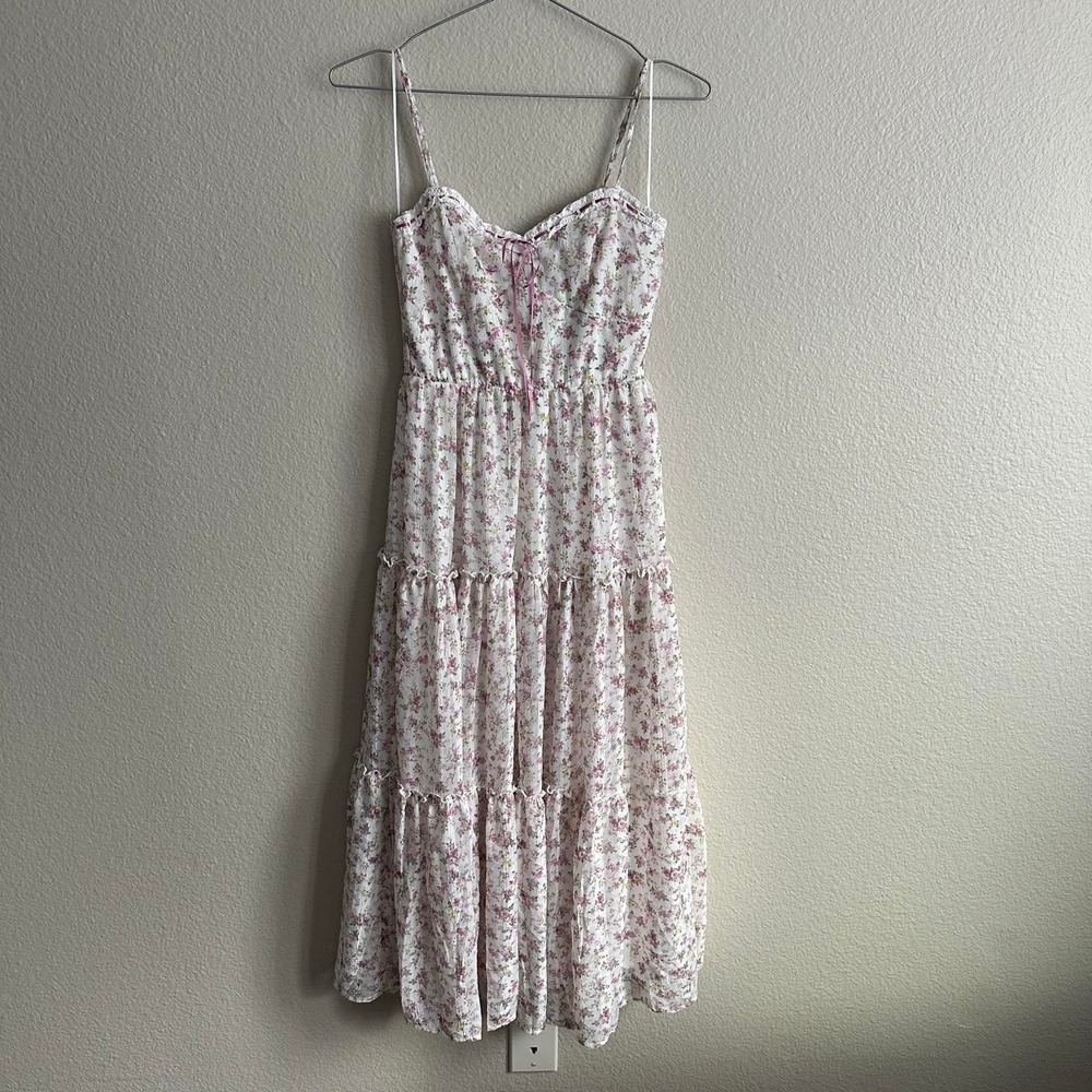 Francesca's white and pink floral midi dress with ribbon detailing. Size: XS